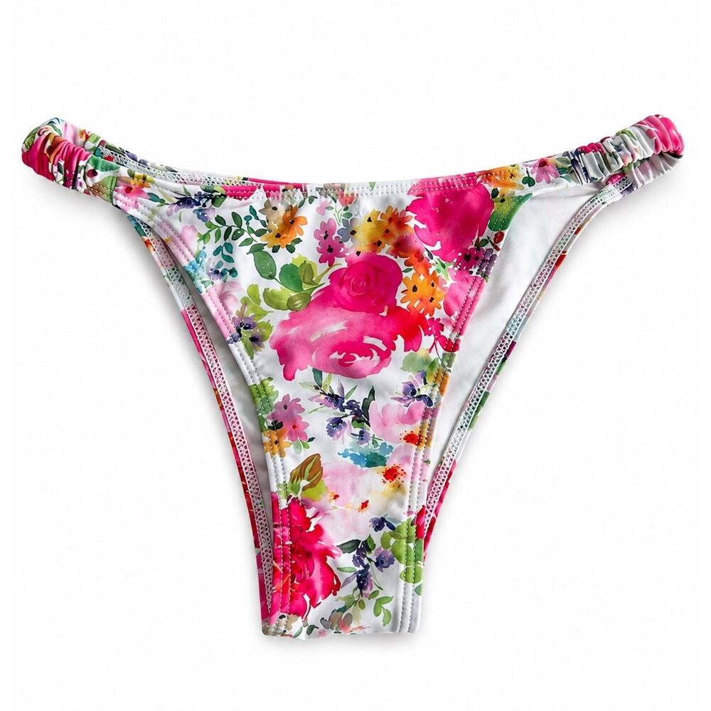 Floral Ruched Side Bikini Bottom Pink Multicolor Cheeky Swim Bottom